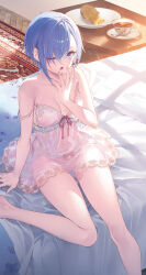 Rule 34 | 1girl, asymmetrical hair, bare legs, bare shoulders, bed, blue eyes, blue hair, bow, bow panties, bra, breasts, chestnut mouth, cleavage, cup, dress, fish cake, frills, hand up, highres, looking at viewer, medium breasts, navel, novel illustration, official art, on bed, one eye closed, open mouth, panties, pillow, pink bow, pink ribbon, plate, ribbon, sakuya sieglinde, see-through, see-through dress, seiken gakuin no maken tsukai, short hair, sitting, solo, spoon, strap slip, sunlight, teacup, thighs, third-party source, toosaka asagi, underwear, underwear only, yawning