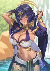 Rule 34 | 1girl, ankh, bare shoulders, blue eyes, blue hair, blue shorts, blue skirt, breasts, bridal gauntlets, candace (genshin impact), cleavage, cuboon, dark-skinned female, dark skin, detached sleeves, genshin impact, gold trim, hair ornament, hairband, halterneck, heterochromia, jewelry, large breasts, looking at viewer, medium hair, navel, neck ring, sash, short shorts, shorts, sidelocks, skirt, solo, thighlet, thighs, wading, water, wet, yellow eyes