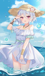 Rule 34 | 1girl, arm up, blue sky, blush, bracelet, brown hat, commentary, cowboy shot, day, dress, flower, hair between eyes, hat, hat flower, highres, jewelry, kokkoro (princess connect!), looking at viewer, necklace, ocean, off-shoulder dress, off shoulder, open mouth, outdoors, pink flower, pointy ears, princess connect!, purple eyes, serika, short eyebrows, short hair, short sleeves, silver hair, sky, smile, solo, standing, straw hat, sun hat, wading, water, white dress