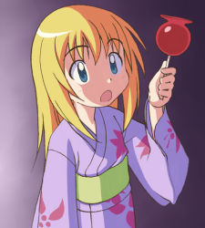 Rule 34 | 00s, 1girl, blonde hair, blue eyes, c-lop, candy apple, food, japanese clothes, kate (sketchbook full colors), kimono, long hair, open mouth, sketchbook full colors, solo, standing, yukata