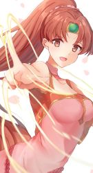 Rule 34 | 1girl, bare shoulders, brown eyes, brown hair, choker, circlet, collarbone, edamameoka, fire emblem, fire emblem: mystery of the emblem, highres, index finger raised, linde (fire emblem), long hair, nintendo, petals, pink robe, pointing, pointing at viewer, ponytail, robe, smile, solo, spell, very long hair