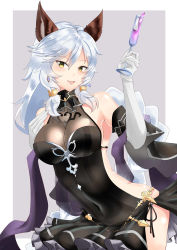 Rule 34 | 1girl, absurdres, animal ears, artist request, backless outfit, bare shoulders, black dress, border, braid, breasts, covered navel, cup, dress, drinking glass, erune, granblue fantasy, grey background, hair between eyes, hair tubes, halterneck, heles, heles (irestill evening dress) (granblue fantasy), highres, hip focus, large breasts, long hair, looking at viewer, open mouth, sash, silver hair, single braid, smile, solo, very long hair, white border, yellow eyes