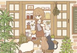 Rule 34 | 1girl, animal, apron, black cat, braid, brown apron, brown cat, brown hair, cat, closed mouth, coffee, coffee filter, commentary request, cup, dot mouth, expressionless, green eyes, grey cat, hand up, highres, holding, holding teapot, jar, long hair, long sleeves, looking down, necono naco, no nose, original, picture frame, plaid, plaid apron, plant, potted plant, pouring, shirt, side braids, solo, steam, teacup, teapot, twin braids, water, white shirt, window