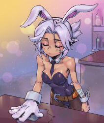 Rule 34 | 1girl, animal ears, bare shoulders, battle bunny riven, blush, bottle, breasts, cleavage, closed mouth, collarbone, detached collar, folded ponytail, gloves, grey gloves, grey hair, large breasts, league of legends, leotard, multicolored background, necktie, official alternate costume, pantyhose, phantom ix row, playboy bunny, rabbit ears, rabbit tail, riven (league of legends), short hair, solo, tail, tears, water, wrist cuffs
