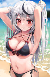 Rule 34 | 1girl, absurdres, armpits, arms behind head, arms up, bare arms, bare shoulders, beach, bikini, black bikini, black hair, blue sky, blurry, blurry background, blush, bow, bow bikini, braid, breasts, cleavage, cloud, criss-cross halter, day, grey hair, hair ornament, hairclip, halterneck, heart, highres, hololive, large breasts, layered bikini, long hair, looking at viewer, multicolored hair, navel, outdoors, panties, parted lips, plaid, plaid bow, red bikini, red eyes, sakamata chloe, side-tie bikini bottom, side-tie panties, side braid, sidelocks, single braid, sky, solo, standing, stomach, streaked hair, swimsuit, tihirowo, underwear, virtual youtuber, water, x hair ornament