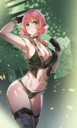 Rule 34 | 1girl, black choker, black gloves, blush, bow (bhp), breasts, choker, cleavage, closed mouth, cowboy shot, elf, forest, gloves, green eyes, green panties, green vest, hand up, large breasts, looking at viewer, nature, navel, no bra, original, panties, pink hair, pointy ears, revision, solo, standing, stomach, thighhighs, toned, underwear, vest, white thighhighs