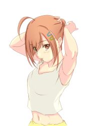 Rule 34 | 1girl, 22/7, ahoge, arms up, bxtbsy7q76gxh73, camisole, collarbone, eyes visible through hair, hair ornament, hair tie, hair tie in mouth, hairclip, highres, himuro mizuki, looking at viewer, mouth hold, navel, orange hair, short hair, solo, tying hair, upper body, white background, white camisole