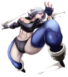 Rule 34 | 1girl, abs, angel (kof), breasts, bursting breasts, butcha-u, fingerless gloves, foreshortening, gloves, large breasts, simple background, snk, solo, the king of fighters, thighhighs, white hair