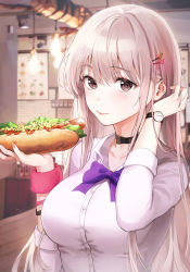 Rule 34 | 1girl, belt collar, blurry, blurry background, blush, bread, breasts, carrot hair ornament, collar, collarbone, collared shirt, commentary request, food, food-themed hair ornament, grey eyes, gyaru, hair ornament, hairclip, hand in own hair, hands up, highres, holding, holding food, hot dog, indoors, ketchup, lamp, large breasts, lettuce, long hair, looking at viewer, original, rabbit hair ornament, rangu, sausage, school uniform, shirt, sidelocks, silver hair, sleeves rolled up, smile, solo, table, upper body, watch, white shirt, wristband, wristwatch