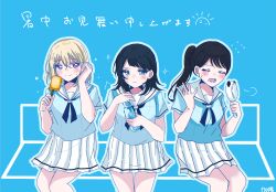 3girls asahi_rise bang_dream! bang_dream!_it&#039;s_mygo!!!!! black_hair blonde_hair blue_background blue_eyes blue_neckerchief blue_outline blue_shirt blush bottle closed_eyes closed_mouth commentary_request food hanasakigawa_school_uniform hand_fan hand_up highres holding holding_bottle holding_food holding_popsicle long_hair lower_teeth_only medium_hair misumi_uika multiple_girls neckerchief open_mouth outline partial_commentary pleated_skirt ponytail popsicle purple_eyes school_uniform shiina_taki shirt short_sleeves sitting skirt sweatdrop teeth translation_request white_skirt yahata_umiri