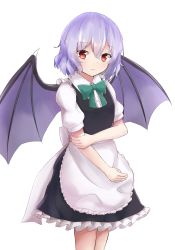 Rule 34 | 1girl, alternate costume, apron, arm up, bat wings, black skirt, black vest, blue hair, bow, bowtie, commentary request, cowboy shot, enmaided, green bow, green bowtie, hair between eyes, hand on own arm, highres, light frown, looking at viewer, maid, no headwear, partial commentary, petticoat, puffy short sleeves, puffy sleeves, red eyes, remilia scarlet, resa 7z (resastr), shirt, short hair, short sleeves, simple background, skirt, solo, standing, touhou, vest, waist apron, white background, white shirt, wings