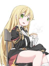 Rule 34 | 1girl, bandaged leg, bandages, black jacket, black necktie, blonde hair, collared shirt, commentary request, cup, girls&#039; frontline, gloves, green eyes, hat, unworn hat, unworn headwear, highres, holding, holding cup, jacket, long hair, looking at viewer, military, military hat, military uniform, necktie, on chair, open mouth, peaked cap, second-party source, shirt, simple background, sitting, smile, solo, stg44 (girls&#039; frontline), teacup, ueki yuma, uniform, very long hair, white background, white gloves, white shirt