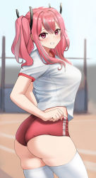 Rule 34 | 1girl, absurdres, ass, azur lane, blurry, blurry background, breasts, bremerton (azur lane), clothes pull, cowboy shot, flower, fujioni, grey hair, grin, gym shorts, gym uniform, hair between eyes, hair ornament, highres, large breasts, lifted by self, long hair, looking at viewer, midriff peek, multicolored hair, outdoors, pink eyes, pink hair, shirt, short sleeves, shorts, shorts pull, skindentation, smile, solo, streaked hair, t-shirt, thighhighs, thighs, twintails, two-tone hair, white flower, white shirt