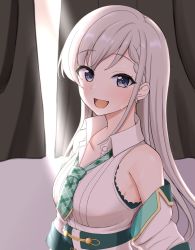Rule 34 | 1girl, :d, bare shoulders, braid, braided bangs, collarbone, collared shirt, commentary request, curtains, day, green necktie, grey eyes, grey hair, highres, hisakawa hayate, idolmaster, idolmaster cinderella girls, idolmaster cinderella girls starlight stage, indoors, jacket, long hair, looking at viewer, mitsumine raimu, necktie, off shoulder, open clothes, open jacket, open mouth, plaid necktie, plaid neckwear, shirt, short necktie, sleeveless, sleeveless shirt, smile, solo, sunlight, upper body, very long hair, white jacket, white shirt