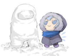 Rule 34 | 1girl, among us, blue eyes, blue hair, blue scarf, buttons, character doll, cirno, closed mouth, coat, crewmate (among us), fumo (doll), fur-trimmed hood, fur trim, grey coat, hood, ice, ice wings, purple footwear, scarf, signature, skullchimes, smile, snow, snow sculpture, solo, touhou, v-shaped eyebrows, watermark, white background, wings, winter clothes, winter coat