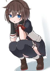 Rule 34 | 1girl, ahoge, black gloves, black hair, black jacket, black shirt, black skirt, blue eyes, braid, brown footwear, cropped jacket, fingerless gloves, gloves, hair flaps, hair over shoulder, hands on own face, highres, jacket, kantai collection, loafers, long hair, looking at viewer, necktie, pleated skirt, poipoi purin, red necktie, shigure (kancolle), shigure kai san (kancolle), shirt, shoes, simple background, single braid, skirt, solo, squatting, two-tone shirt, white background