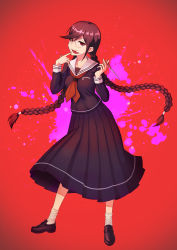 Rule 34 | 1girl, absurdres, bandages, bandaged leg, bandages, blood, blood splatter, braid, breasts, brown hair, collarbone, commentary request, danganronpa: trigger happy havoc, danganronpa (series), fukawa toko, full body, glasses, highres, loafers, long hair, long skirt, long sleeves, looking at viewer, medium breasts, mole, mole under mouth, pink blood, pleated skirt, red background, red eyes, sailor collar, school uniform, scissors, seongkun (agn000), serafuku, shoes, skirt, smile, socks, solo, tongue, tongue out, twin braids