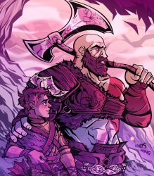 Rule 34 | 2boys, absurdres, arm on another&#039;s shoulder, arrow (projectile), atreus, axe, bald, beard, bishounen, bodypaint, bow (weapon), closed mouth, colored skin, cometsrising, commentary, english commentary, facial hair, father and son, god of war, highres, holding, holding arrow, holding axe, holding weapon, kratos (god of war), male focus, monochrome, multiple boys, muscular, muscular male, outdoors, pale skin, quiver, short hair, signature, tattoo, teeth, weapon, white skin