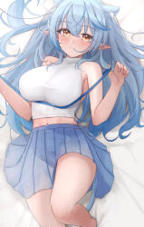 Rule 34 | 1girl, absurdres, animal ears, bed, blue hair, blue skirt, blush, breasts, closed mouth, highres, hololive, large breasts, light smile, long hair, looking at viewer, lying, midriff, mofu07519, multicolored hair, navel, on back, on bed, pleated skirt, pointy ears, shirt, skirt, sleeveless, sleeveless shirt, solo, streaked hair, virtual youtuber, white shirt, yellow eyes, yukihana lamy