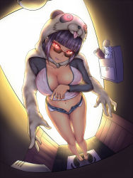 Rule 34 | 1girl, animal hood, anklet, barefoot, blue shorts, blunt bangs, blush, borrowed character, breasts, cleavage, collarbone, crop top, doorbell, earrings, extra arms, eyebrows, eyelashes, from above, full body, glasses, head tilt, heart, heart-shaped pupils, hood, jewelry, lanmei, large breasts, long sleeves, looking at viewer, looking over eyewear, looking over glasses, mailbox, midriff, navel, navel piercing, nikuku (kazedesune), open fly, original, paper, piercing, pigeon-toed, pocket, purple hair, raglan sleeves, red eyes, revision, scroll, short shorts, shorts, sketch, solo, standing, stomach, sunglasses, sweat, symbol-shaped pupils, tan, thigh gap, tile floor, tiles, tinted eyewear, tongue, tongue out, tongue piercing