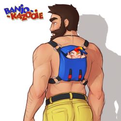 Rule 34 | 1boy, 1girl, :3, arm hair, ass, back, backpack, bag, banjo-kazooie, banjo (banjo-kazooie), beard, blonde hair, blue eyes, brown hair, closed mouth, commentary, denim, denim shorts, english commentary, facial hair, half-closed eyes, highres, kazooie (banjo-kazooie), looking afar, looking at viewer, looking to the side, male focus, middle finger, mini person, minigirl, multicolored hair, mustache, personification, pocket, pudgeruffian, red hair, short hair, shorts, size difference, smile, standing, thick eyebrows, thick mustache, topless male, two-tone hair, upper body