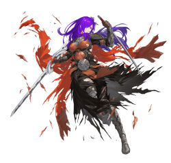 Rule 34 | 1girl, armor, breastplate, breasts, choker, dual wielding, fire emblem, fire emblem: three houses, fire emblem heroes, fire emblem warriors: three hopes, gloves, hair bun, hair over one eye, holding, holding weapon, long hair, looking at viewer, medium breasts, nintendo, non-web source, official alternate costume, official art, purple eyes, purple hair, shez (female) (fire emblem), shez (fire emblem), shoulder armor, simple background, single hair bun, solo, sword, torn, torn clothes, weapon
