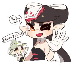 Rule 34 | + +, 2girls, ;d, bare shoulders, black hair, callie (splatoon), coula cat, cousins, detached collar, earrings, fang, food, food on head, gloves, hair rings, hand up, hands up, inkling, jewelry, looking at viewer, marie (splatoon), mole, mole under eye, multiple girls, nintendo, object on head, one eye closed, open mouth, orange eyes, pointy ears, short hair, silver hair, simple background, smile, solo focus, splatoon (series), splatoon 1, strapless, symbol-shaped pupils, translation request, upper body, white background, white gloves