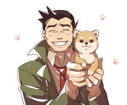 Rule 34 | 1boy, ace attorney, animal, black hair, closed eyes, dick gumshoe, formal, green jacket, grin, holding, holding animal, jacket, male focus, missile (ace attorney), necktie, object behind ear, red neckwear, simple background, smile, ssalbulre, suit, white background