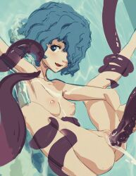 Rule 34 | 1boy, 1girl, :d, aqua background, berserk, bestiality, blue eyes, blue hair, breasts, butterchalk, completely nude, cum, cum overflow, dutch angle, feet out of frame, guided penetration, hair over one eye, highres, isma, looking at viewer, matching hair/eyes, nipples, nose, nude, octopus, one eye covered, open mouth, partially submerged, pussy, short hair, small breasts, smile, spread legs, tareme, tentacle sex, tentacles, uncensored, vaginal