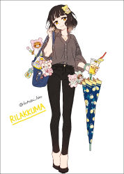 Rule 34 | 1girl, bag, bendy straw, black footwear, black hair, black pants, blue umbrella, brown eyes, brown hair, brown shirt, closed mouth, collarbone, collared shirt, cup, denim, disposable cup, dress shirt, drink, drinking straw, full body, gradient hair, hair ornament, hakusai (tiahszld), head tilt, holding, holding cup, holding strap, jeans, jewelry, light smile, multicolored hair, original, pants, pendant, puffy short sleeves, puffy sleeves, rilakkuma, san-x, shirt, shoes, short sleeves, shoulder bag, solo, stuffed animal, stuffed toy, teddy bear, twitter username, umbrella, white background