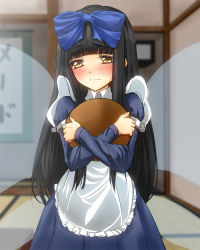 Rule 34 | 1girl, alternate costume, apron, black thighhighs, blunt bangs, blush, bow, crossed arms, dress, enmaided, female focus, hair bow, kamo (yokaze), long hair, maid, maid apron, solo, star sapphire, thighhighs, touhou, tray, wings, yellow eyes