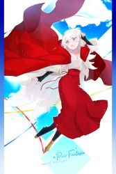 Rule 34 | black legwear, blue eyes, cape, copyright name, crise, full body, hand up, highres, long hair, looking at viewer, pen, pixiv fantasia, pixiv fantasia age of starlight, red cape, red skirt, skirt, solo, virginia (pixiv fantasia age of starlight), white hair