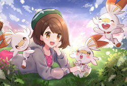 Rule 34 | 1girl, :d, blush, bob cut, brown eyes, brown hair, cardigan, cloud, collared dress, commentary request, creatures (company), day, dress, dynamax band, eggshell, game freak, gen 8 pokemon, gloria (pokemon), grass, green headwear, grey cardigan, haru (haruxxe), hat, hatching, highres, hooded cardigan, lying, nintendo, on stomach, open mouth, outdoors, pink dress, pokemon, pokemon (creature), pokemon swsh, scorbunny, short hair, sky, smile, tam o&#039; shanter, tongue