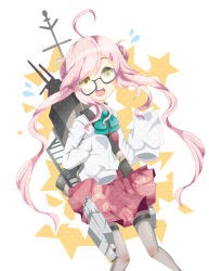 Rule 34 | 10s, 1girl, ahoge, arishiki, bow, bowtie, double bun, glasses, hair bun, kantai collection, long hair, looking at viewer, machinery, makigumo (kancolle), open mouth, pink hair, pleated skirt, school uniform, skirt, sleeves past wrists, solo, twintails, yellow eyes