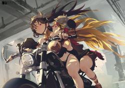 Rule 34 | 2girls, absurdres, bare shoulders, blonde hair, breasts, brown hair, cape, cleavage, commentary request, detached collar, dm (dai miao), earrings, ereshkigal (fate), fate/grand order, fate (series), film grain, from below, gold trim, helmet, highres, holding person, hoop earrings, huge filesize, ishtar (fate), jewelry, large breasts, long hair, looking at another, motor vehicle, motorcycle, motorcycle helmet, multiple girls, necklace, parted bangs, red cape, red eyes, siblings, sisters, thighs, two side up, very long hair