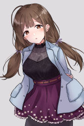 Rule 34 | 1girl, :o, ahoge, arms behind back, belt, black pantyhose, black shirt, blue jacket, blunt bangs, breasts, brown eyes, brown hair, character request, cleavage, copyright request, dot nose, floral print, frilled skirt, frills, grabbing own arm, grey background, hair ribbon, highres, jacket, large breasts, long skirt, looking at viewer, low twintails, minikon, open clothes, open jacket, pantyhose, purple skirt, ribbon, see-through, see-through cleavage, see-through shirt, shirt, sidelocks, skirt, tented shirt, twintails, unbuttoned