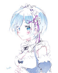 10s 1girl blue_eyes blue_hair blush breasts character_name cleavage detached_sleeves dress eyes_visible_through_hair female_focus hair_ornament hair_over_one_eye hair_ribbon headdress large_breasts looking_at_viewer maid matching_hair/eyes pink_ribbon re:zero_kara_hajimeru_isekai_seikatsu rem_(re:zero) ribbon sakai_(knnkwakame) short_hair simple_background smile solo white_background x_hair_ornament