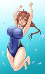 Rule 34 | 1girl, ahoge, armpits, bare legs, black one-piece swimsuit, blue background, blue one-piece swimsuit, blush, breasts, brown eyes, brown hair, competition swimsuit, covered navel, full body, gradient background, hair flaps, hairband, highres, impossible clothes, impossible swimsuit, jumping, kantai collection, large breasts, long hair, looking at viewer, montemasa, multicolored clothes, multicolored swimsuit, one-hour drawing challenge, one-piece swimsuit, open mouth, red hairband, shiratsuyu (kancolle), shiratsuyu kai ni (kancolle), solo, swimsuit, two-tone swimsuit, water drop