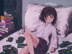Rule 34 | 1girl, black shorts, brown hair, candy, cigarette pack, collared shirt, commentary, daruma karei, english commentary, food, halo, highres, long sleeves, looking at viewer, on bed, original, parted lips, pillow, reclining, red eyes, shirt, short hair, shorts, solo, tissue box, white shirt
