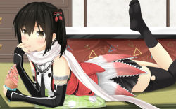 Rule 34 | 10s, 1girl, black gloves, black hair, black skirt, black thighhighs, blush, breasts, brown eyes, drawer, fingerless gloves, food, gloves, grazelz, hair ornament, ice cream, ice cream cone, indoors, kantai collection, long hair, looking at viewer, lying, on stomach, scarf, sendai (kancolle), sendai kai ni (kancolle), single sock, single thighhigh, skirt, small breasts, socks, solo, thighhighs, waffle cone, white scarf