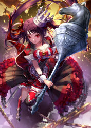 Rule 34 | 1girl, bad id, bad pixiv id, black socks, brown hair, chain, chess piece, crown, dress, frilled dress, frills, highres, kneehighs, long hair, looking at viewer, mace, original, personification, red dress, red eyes, red ribbon, red socks, ribbon, shente (sharkpunk), single kneehigh, single sock, single thighhigh, socks, solo, thighhighs, weapon