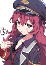 Rule 34 | 1girl, absurdres, armband, bikini, black bikini, black eyes, black hat, black shirt, blue archive, blush, breasts, collared shirt, hair between eyes, hair ribbon, halo, hat, highres, iroha (blue archive), jacket, long hair, long sleeves, looking at viewer, peaked cap, red hair, ribbon, safety pin, shichimi yutsuki, shirt, simple background, small breasts, solo, swimsuit, upper body, very long hair, white background