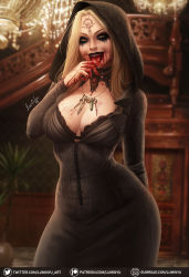 Rule 34 | 1girl, bela dimitrescu, black lips, blonde hair, blood, blood on face, breasts, chandelier, cleavage, commentary, evil, fangs, highres, hood, jewelry, large breasts, long hair, looking at viewer, luminyu, necklace, resident evil, resident evil village, signature, solo, twitter logo, vampire, village, yellow eyes