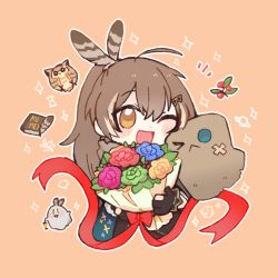 Rule 34 | 1girl, :d, ahoge, berry, blue flower, book, boomei (nanashi mumei), bouquet, brown capelet, brown cloak, brown eyes, brown hair, capelet, chibi, cloak, feather hair ornament, feathers, flower, friend (nanashi mumei), gloves, green flower, hair ornament, hairclip, hololive, hololive english, hootsie (nanashi mumei), long hair, looking at viewer, multicolored hair, nanashi mumei, one eye closed, open mouth, partially fingerless gloves, ponytail, purple flower, quill, red flower, red ribbon, ribbon, roro860512, smile, sparkle, streaked hair, very long hair, virtual youtuber, yellow flower