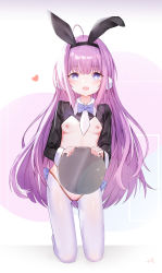 Rule 34 | 1girl, absurdres, alternate costume, animal ears, azur lane, blue eyes, blush, bow, bowtie, breasts, cleft of venus, fake animal ears, gradient background, graphite (medium), heart, highres, kalun (fwme3378), long hair, long sleeves, looking at viewer, meme attire, nipples, no bra, no panties, open mouth, purple hair, rabbit ears, revealing clothes, reverse bunnysuit, reverse outfit, sitting, small breasts, solo, tashkent (azur lane), traditional media, tray, very long hair, white legwear
