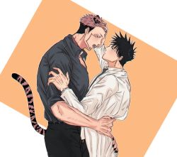 Rule 34 | 2boys, animal ears, arm around waist, belt, black hair, black nails, black necktie, black pants, blush, closed mouth, collared shirt, commentary request, extra eyes, facial tattoo, fushiguro megumi, fushirun rung, green eyes, grey shirt, hand on another&#039;s ass, hand on another&#039;s head, height difference, highres, jujutsu kaisen, lab coat, large pectorals, long sleeves, looking at another, male focus, multiple boys, muscular, muscular male, nail polish, necktie, pants, pectorals, pink hair, red eyes, ryoumen sukuna (jujutsu kaisen), shirt, short hair, size difference, sleeves rolled up, tail, tattoo, tiger boy, tiger ears, tiger tail, tongue, tongue out, undercut, white shirt, yaoi