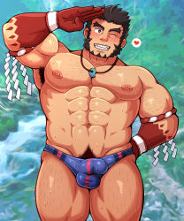 Rule 34 | 1boy, arm hair, armpit hair, armpits, bara, bare pectorals, blue male swimwear, blush, bulge, chest hair, colored skin, erection, erection under clothes, feet out of frame, hachimaki, headband, heart, highres, jewelry, large pectorals, leg hair, long sideburns, magatama, magatama necklace, male focus, male pubic hair, male swimwear, mature male, muscular, muscular male, navel, navel hair, necklace, nejiri hachimaki, nipples, official alternate costume, one eye closed, pectorals, pubic hair, pubic hair peek, red skin, salute, short hair, sideburns, solo, spoken heart, swim briefs, tajikarao (housamo), thick eyebrows, thick thighs, thighs, tokyo houkago summoners, vert cypres, wet