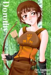 Rule 34 | 1girl, arrow (projectile), blush, bow (weapon), brown eyes, brown hair, character name, copyright name, dorothy (fire emblem), female focus, fire emblem, freckles, hissaa (starlight express), nintendo, solo, tagme, weapon