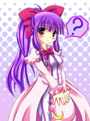 Rule 34 | 1girl, ?, alternate hairstyle, blush, bow, breasts, crescent, dress, female focus, hair bow, hat, unworn hat, unworn headwear, long hair, patchouli knowledge, ponytail, purple eyes, purple hair, small breasts, solo, touhou, whitey