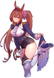 Rule 34 | 1girl, animal ears, black shorts, black thighhighs, blue jacket, blue skirt, blush, boots, bow, brown hair, center frills, closed mouth, daiwa scarlet (umamusume), epaulettes, frilled shirt, frills, garter straps, hair bow, hair intakes, high heel boots, high heels, highres, horse ears, horseshoe, jacket, leg up, long hair, long sleeves, looking at viewer, open clothes, open jacket, pink bow, red eyes, shirt, short shorts, shorts, simple background, skirt, skirt around ankles, standing, standing on one leg, thighhighs, thighhighs under boots, tiara, twintails, umamusume, undressing, uyama hajime, very long hair, white background, white footwear, white shirt